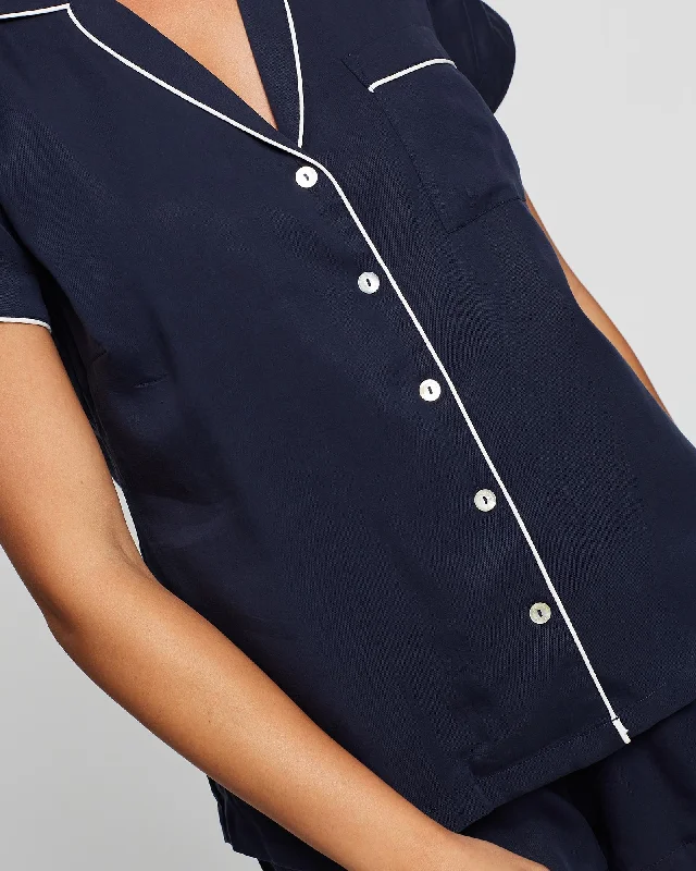 Eva Short Tencel™ Pyjama Set - Navy with White Piping