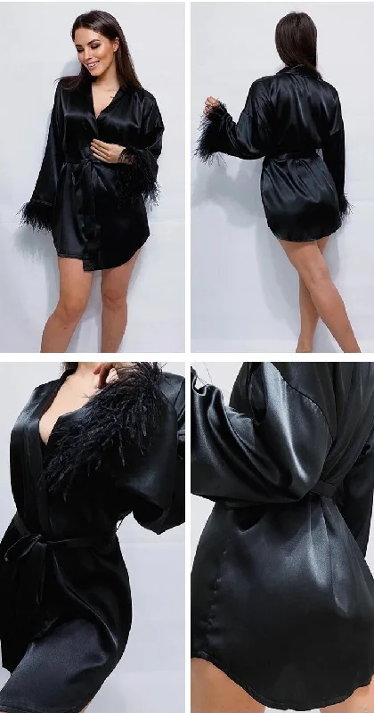 Feather Trim Belted Satin Robe