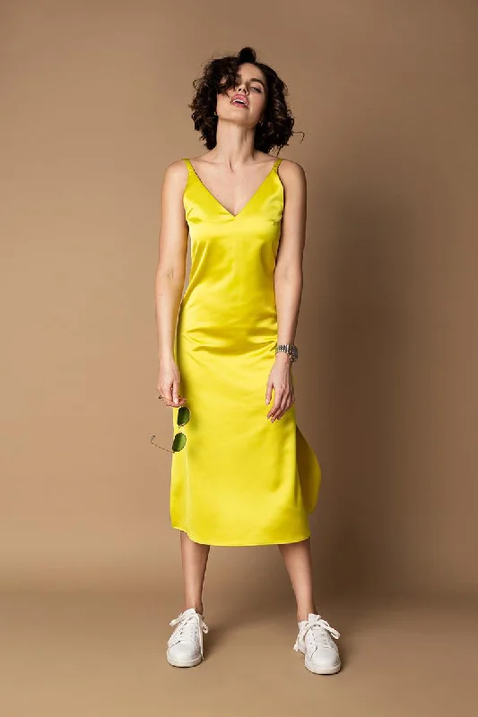 French Daina Silk Satin bright Yellow Slip dress