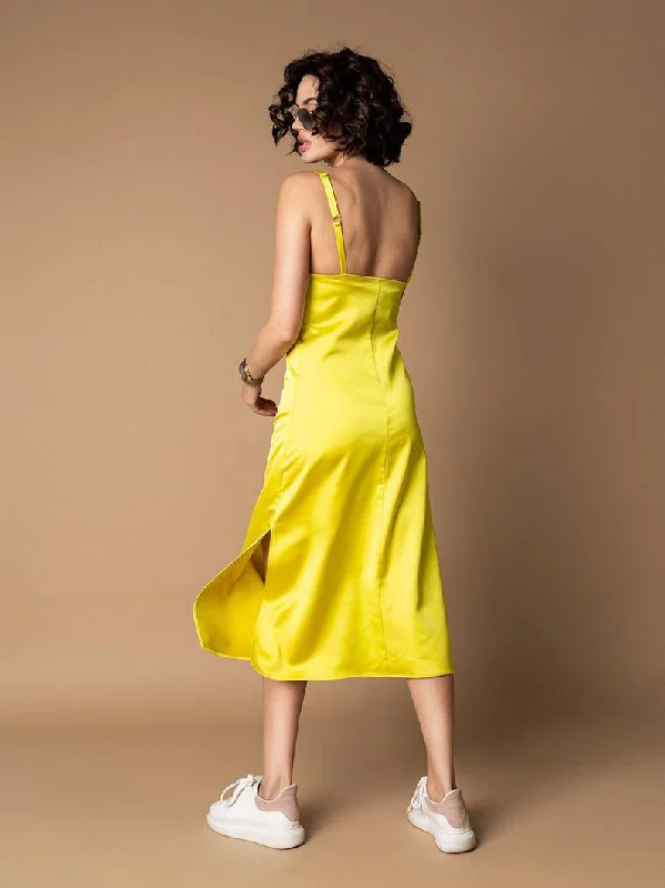 French Daina Silk Satin bright Yellow Slip dress