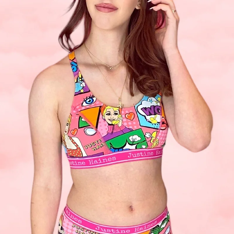 T-Back Racer Sports Bra in Hot Pink Pop Art