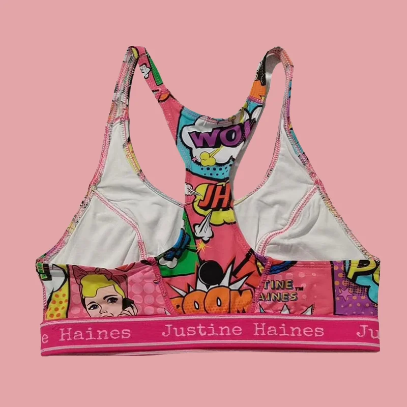 T-Back Racer Sports Bra in Hot Pink Pop Art