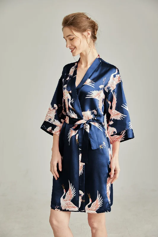 Short Silk Robe For Women with Belted Crane printed Graphics