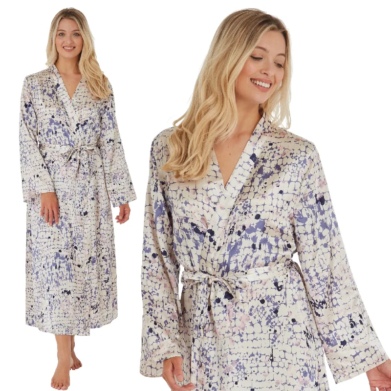 Long Ivory Pink Navy Blue Pattern Sexy Satin Wrap Bathrobe