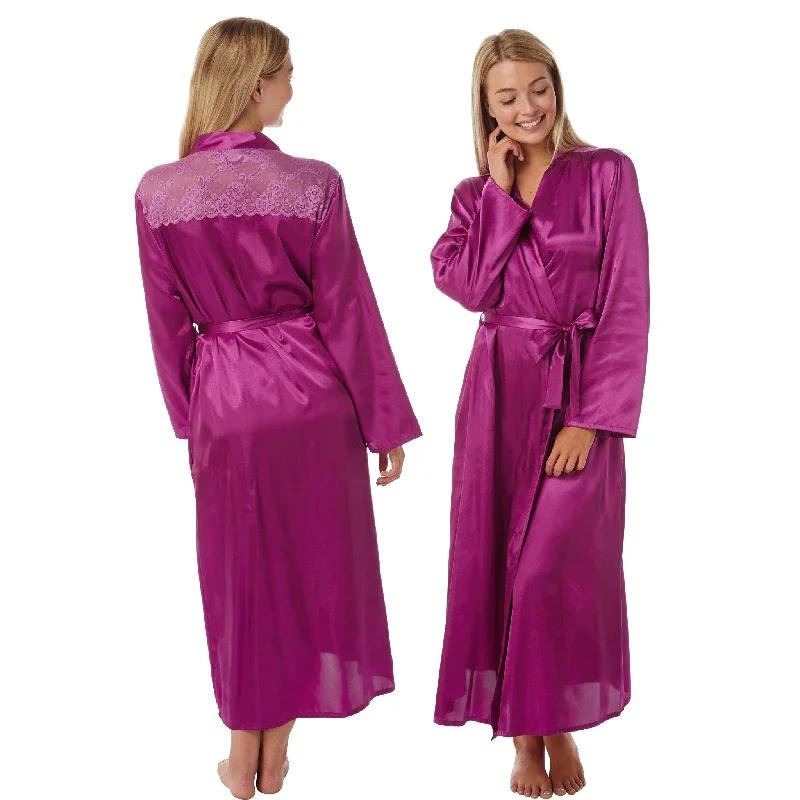 Long Full Length Plain Pink Sexy Satin Lace Wrap Bathrobe