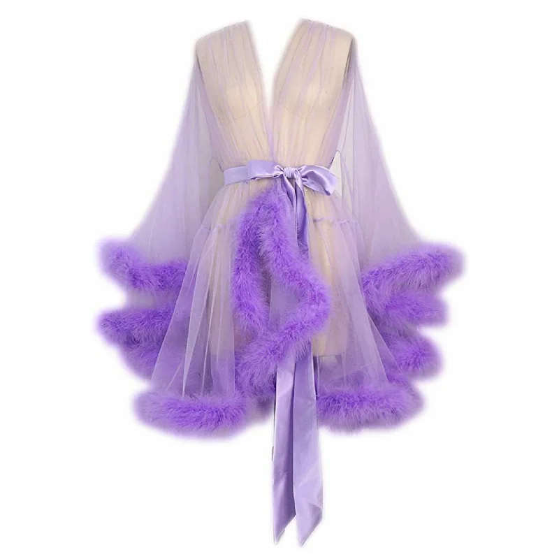 ""Night In"" Lavender Handmade Sheer Fluffy Mini Marabou Feather Robe