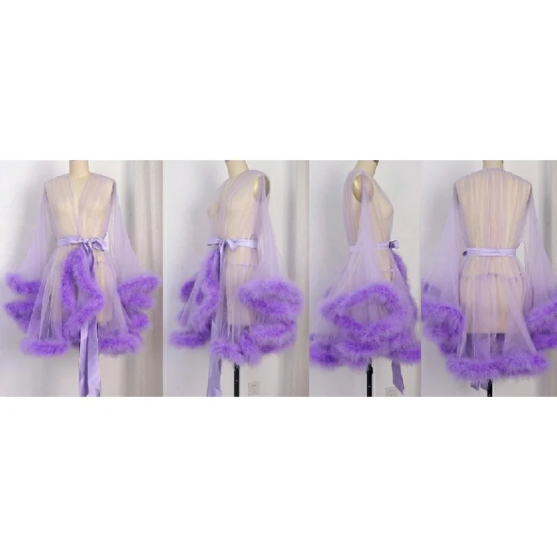 ""Night In"" Lavender Handmade Sheer Fluffy Mini Marabou Feather Robe