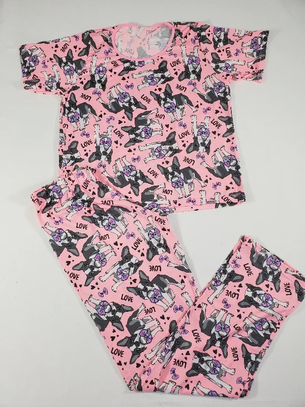 Women's Pajama set pink pants and short sleeve shirt puppies and love theme