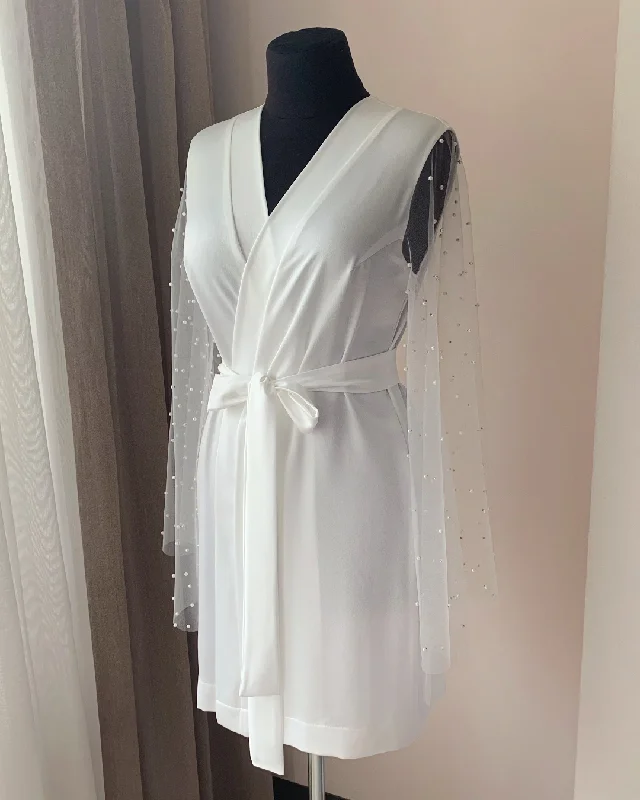 Bridal robe with pearls short Ivory