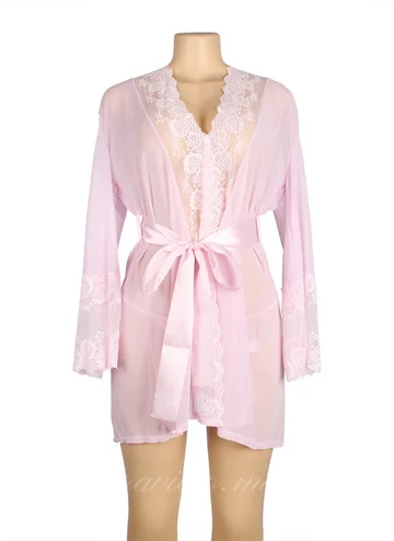 Pink Lace Sexy Hollow Out Back Robe with Panties