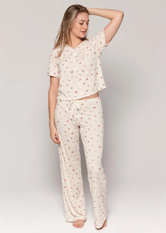 Pyjama long boutonné imprimé de petites fleurs