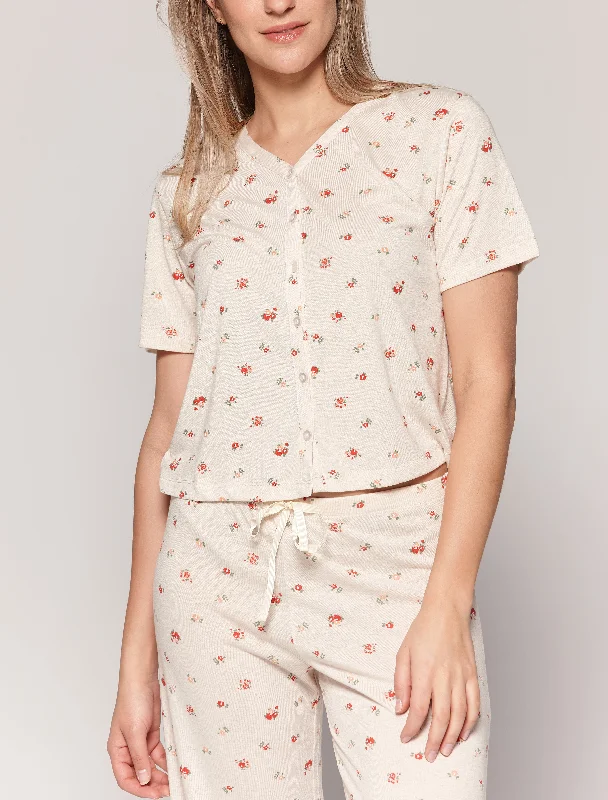 Pyjama long boutonné imprimé de petites fleurs