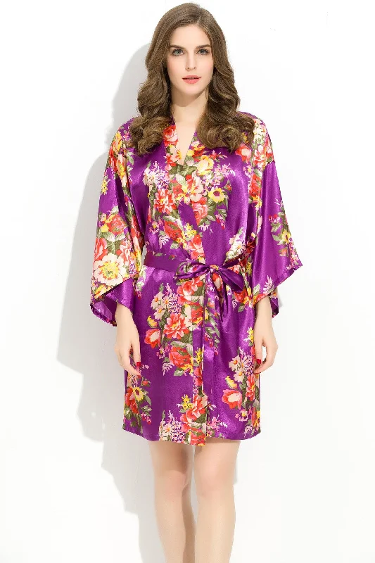 Royal Purple Floral Bridesmaid Robes Kimono