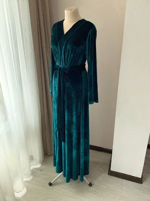 Green velvet robe long women Handmade