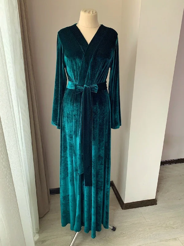 Green velvet robe long women Handmade