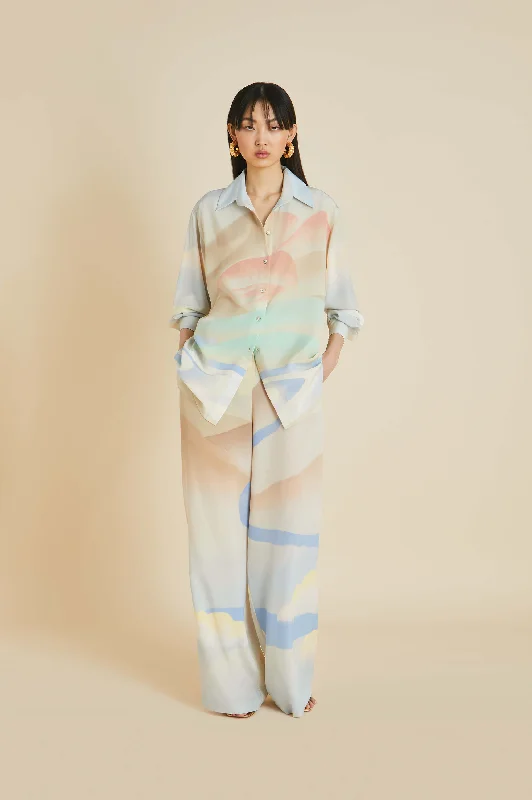 Wolfe Ecliptic Blue Landscape Pajamas in Silk Crêpe de Chine