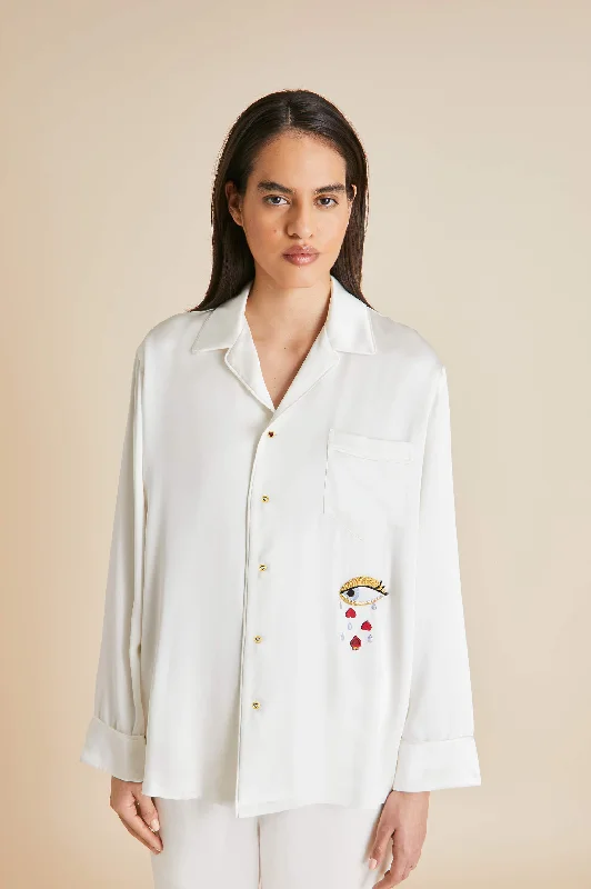 Yves Desire Ivory pajamas in Silk with Ruby and Diamond Buttons by Jessica McCormack